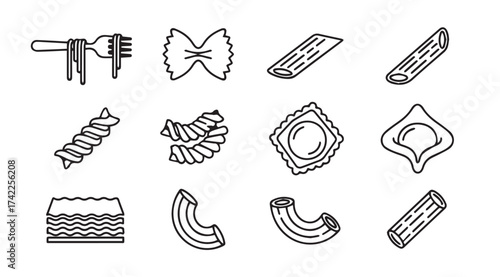 Hand drawn collection of assorted pasta shapes perfect for culinary designs and menus vector