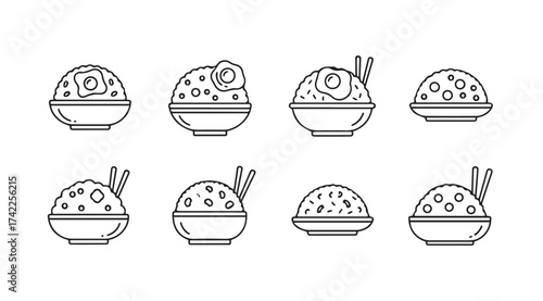 Set of eight hand drawn rice bowls with chopsticks and toppings a delicious asian food collection vector