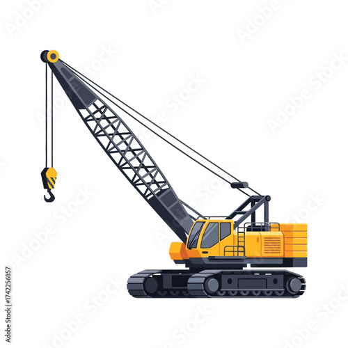 Detailed Flat Illustration of Yellow and Gray Crawler Crane Machinery