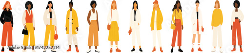Flat vector lineup of stylish women in modern casual outfits, with coats, blazers, skirts, wideleg pants, sneakers, bags, and caps; clean fashion characters for editorial and branding.