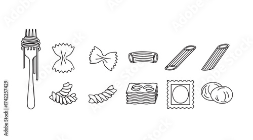 Hand drawn sketch assortment of various pasta shapes and a fork in a culinary still life vector
