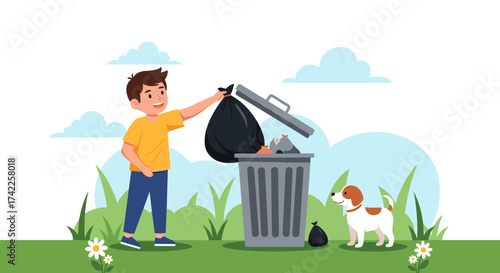 A boy throws trash into a bin with a dog watching him.