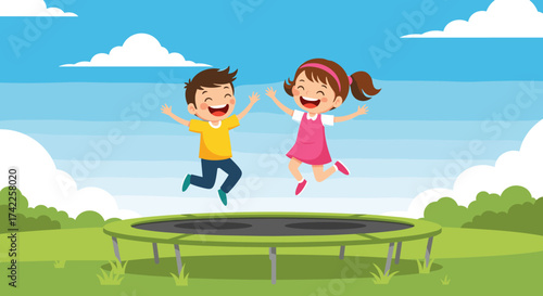 Two happy children jumping high on a trampoline in a park on a sunny day.