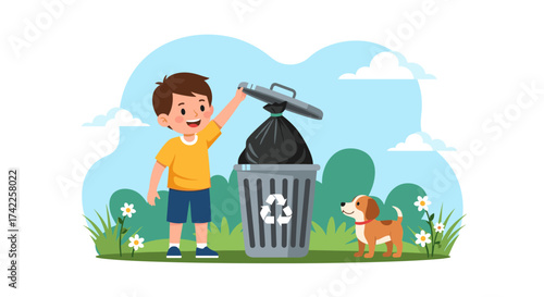 A young boy and his dog are cleaning up the park by picking up trash and putting it in a recycling bin.