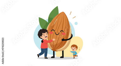 Two happy children are hugging a giant almond illustration.