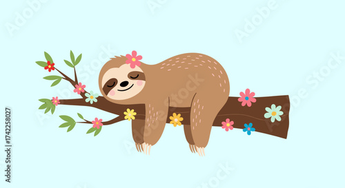 A cute sloth sleeping peacefully on a tree branch surrounded by colorful flowers.