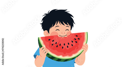 A happy young boy enjoys a large slice of juicy watermelon on a warm summer day.