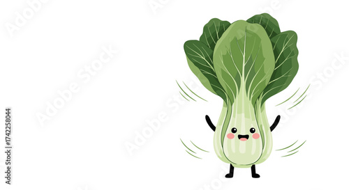 A happy bok choy character jumping with joy and a sense of excitement.
