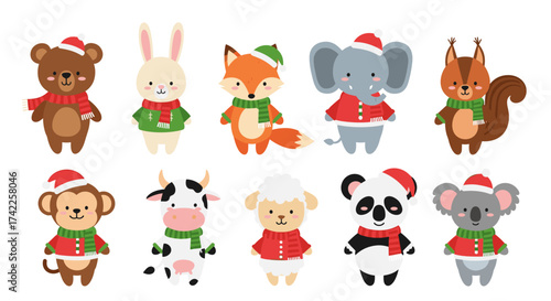 A collection of cute cartoon animals celebrating the winter holidays in festive attire.