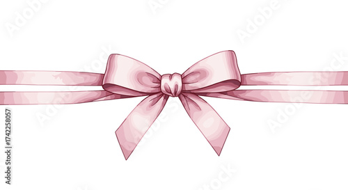 A delicate pink satin ribbon tied in a bow across a white background with two flowing strands on either side.