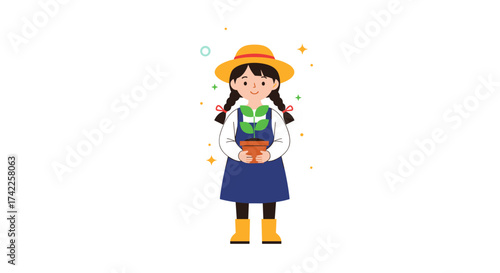 A young girl in a farmer's hat and apron holds a small potted plant. .