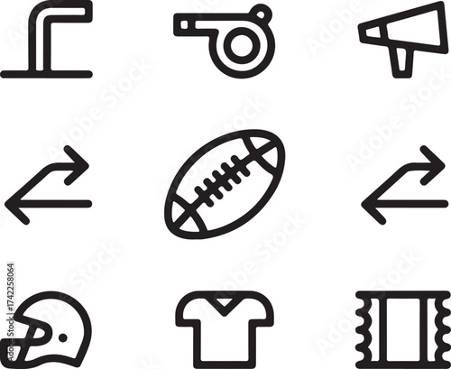 American Football icons: gear, whistle, score, tickets