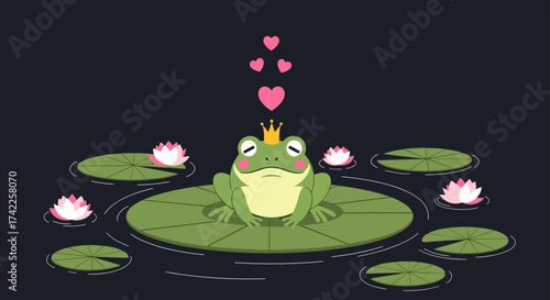 A regal frog sits on a lily pad surrounded by pink water lilies with hearts floating above him.