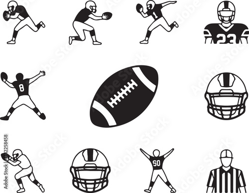 Dynamic football icons: players, ball, helmet, and ref