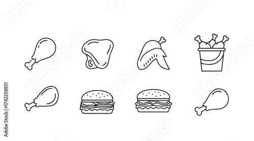 Collection of hand drawn chicken food icons and elements perfect for fast food menus vector