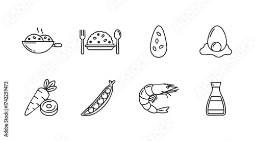 Hand drawn line art icons representing asian cuisine food ingredients and dishes vector