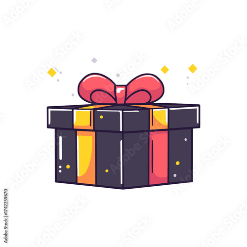 Colorful cartoon gift box with a red bow and sparkles, symbolizing a present, surprise, celebration, or special offer. Perfect for e-commerce, holiday promotions, or birthday blogs.

