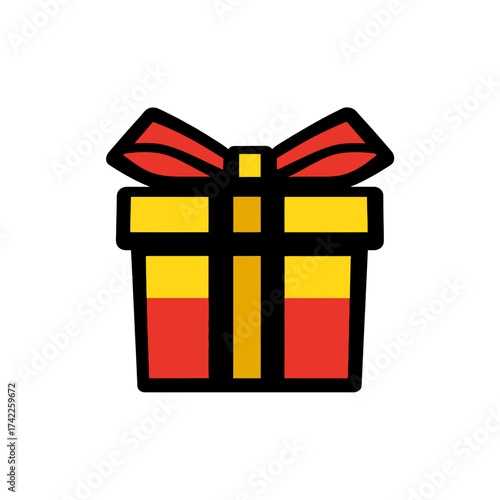 A flat design icon of a red and yellow gift box with a red bow. Ideal for e-commerce promotions, holiday sales graphics, loyalty programs, or celebration blogs.

