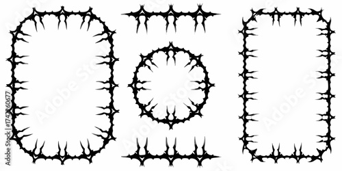 Collection of spiky black decorative frames and borders with sharp jagged edges on white background