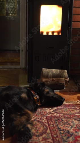 Dog is sleeping on the floor in front of oven with fire. 
