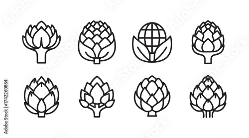 Artichoke icons set fresh produce healthy food organic vegetable line art collection vector