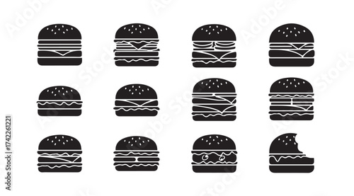 Collection of twelve diverse hamburger icons in silhouette style for food branding vector
