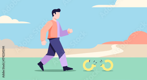A man walks past a broken infinity symbol in a stylized landscape, suggesting overcoming limitations or challenges.