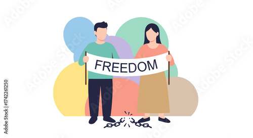 A man and woman hold a banner with the word FREEDOM above broken chains, symbolizing liberation and emancipation.