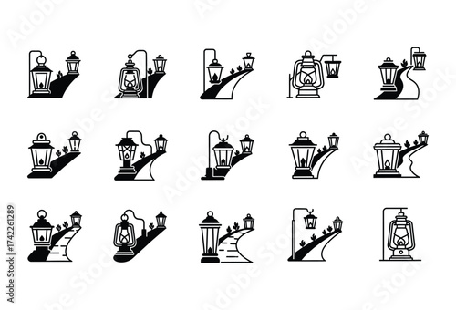 Vector illustration of vector art of black and white illustration set of various street lamps