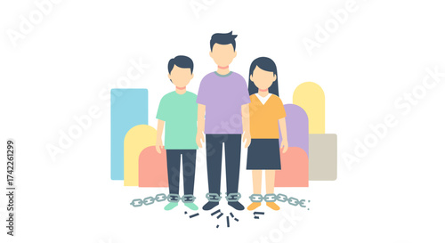 A family unit, composed of a father and two children, stands together, their ankles bound by broken chains, symbolizing liberation from a restrictive situation.