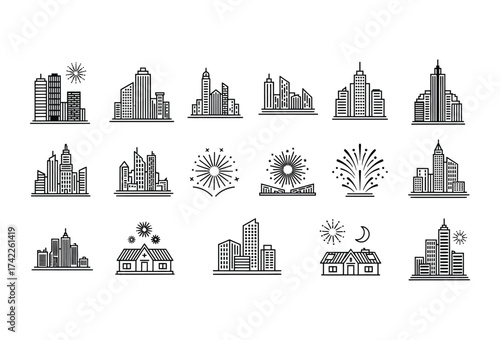Vector illustration of vector art of city and celebration icons set with buildings and fireworks