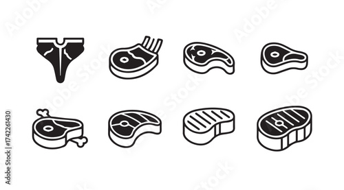 Collection of various delicious raw meat cuts and steaks in isometric 3d style icon set vector