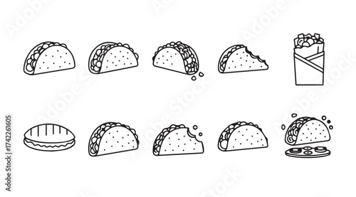 Collection of hand drawn taco and burrito icons for mexican food and fast food designs vector