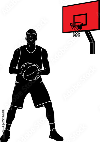 Silhouette of a basketball player dribbling the ball near a red hoop