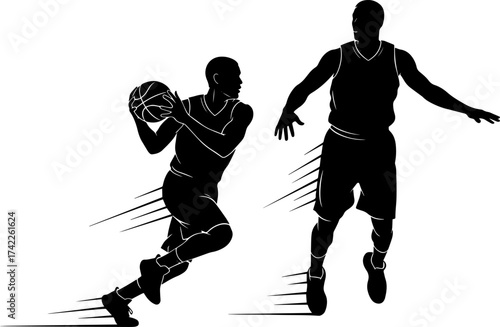Dynamic silhouette of basketball players in action with energetic brushstroke style
