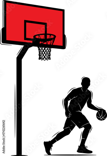 Silhouette of a basketball player dribbling near a red basketball hoop