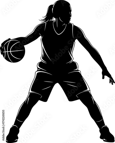 Silhouette of a female basketball player dribbling the ball with intensity