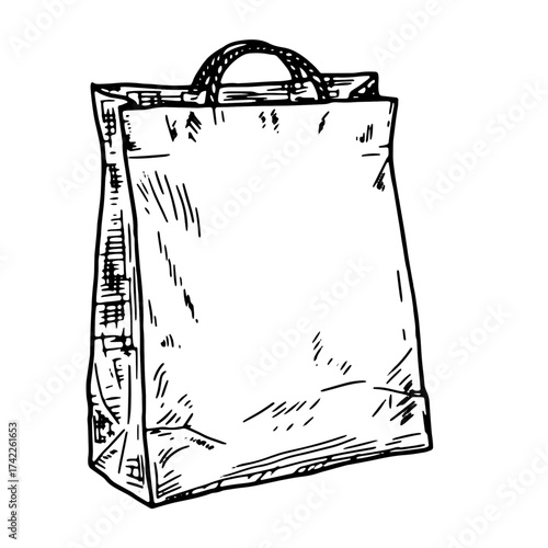 Paper bag with handles, sketch. Vector illustration. Packaging for storing food, canned food and sweets, isolated on a white background. Food and cuisine theme of Christmas, New Year and holidays