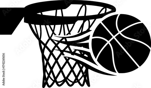 Dynamic silhouette of a basketball swooshing through a net
