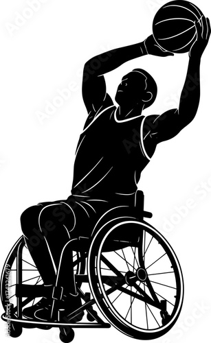 Silhouette of athlete in wheelchair preparing to shoot a basketball