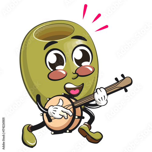 cute green olive mascot cartoon character isolated vector illustration playing the banjo musical instrumen, work of hand drawn