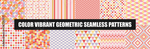 Collection of bright vector seamless colorful patterns - geometric design. Vibrant mosaic textures. Abstract fashion artwork backgrounds, textile prints