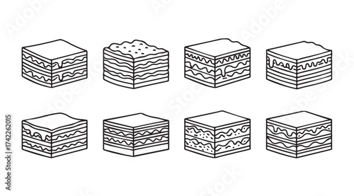Hand drawn layered food icons set delicious stacked food elements isolated on white vector