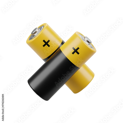 Two batteries are crossed isolated on transparent background, ready for use in electronics