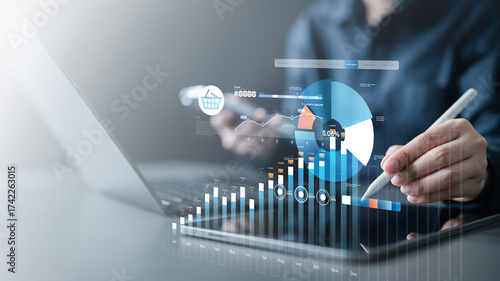 Quadro su tela ecommerce, orders, admin, table, status, fulfill, Hand using digital tablet with ecommerce dashboard showing orders, sales data, charts, and transaction analysis for online business management