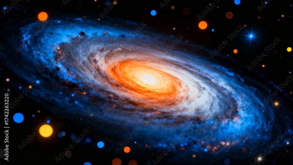 Obraz premium A stunning view of a spiral galaxy with vibrant orange and blue hues, showcasing its swirling arms and bright central core against the backdrop of deep space.