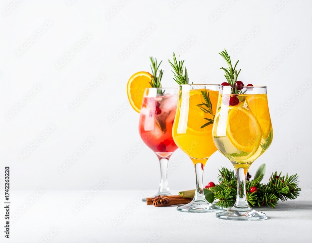 Fototapeta premium Holiday Cocktails with Orange, Cranberry, and Rosemary on White Background 