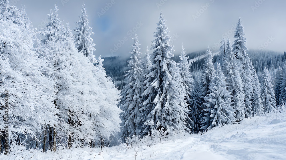 Fototapeta premium Snow covered trees in winter forest on a cold winter day in mountains