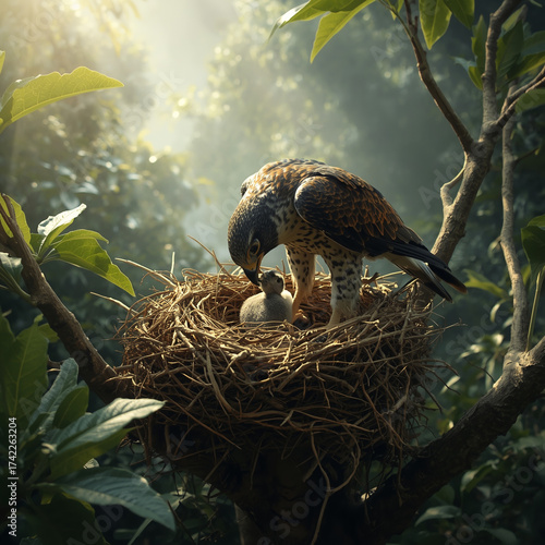 Falcon Feeding Its Chick in a Tropical Rainforest Nest