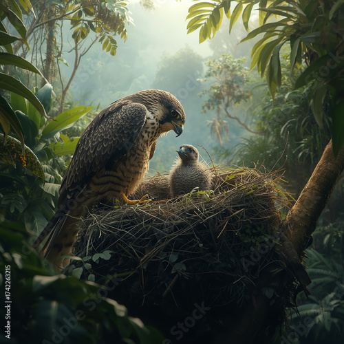 Falcon Feeding Its Chick in a Tropical Rainforest Nest